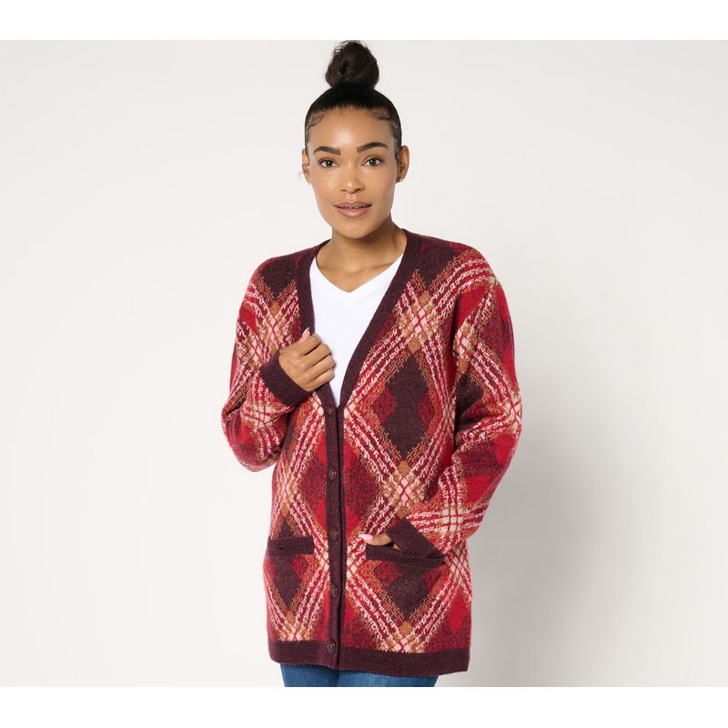 Spanx Women's Top Sweater Sz L Estate Plaid Button Front Cardigan Red A667915